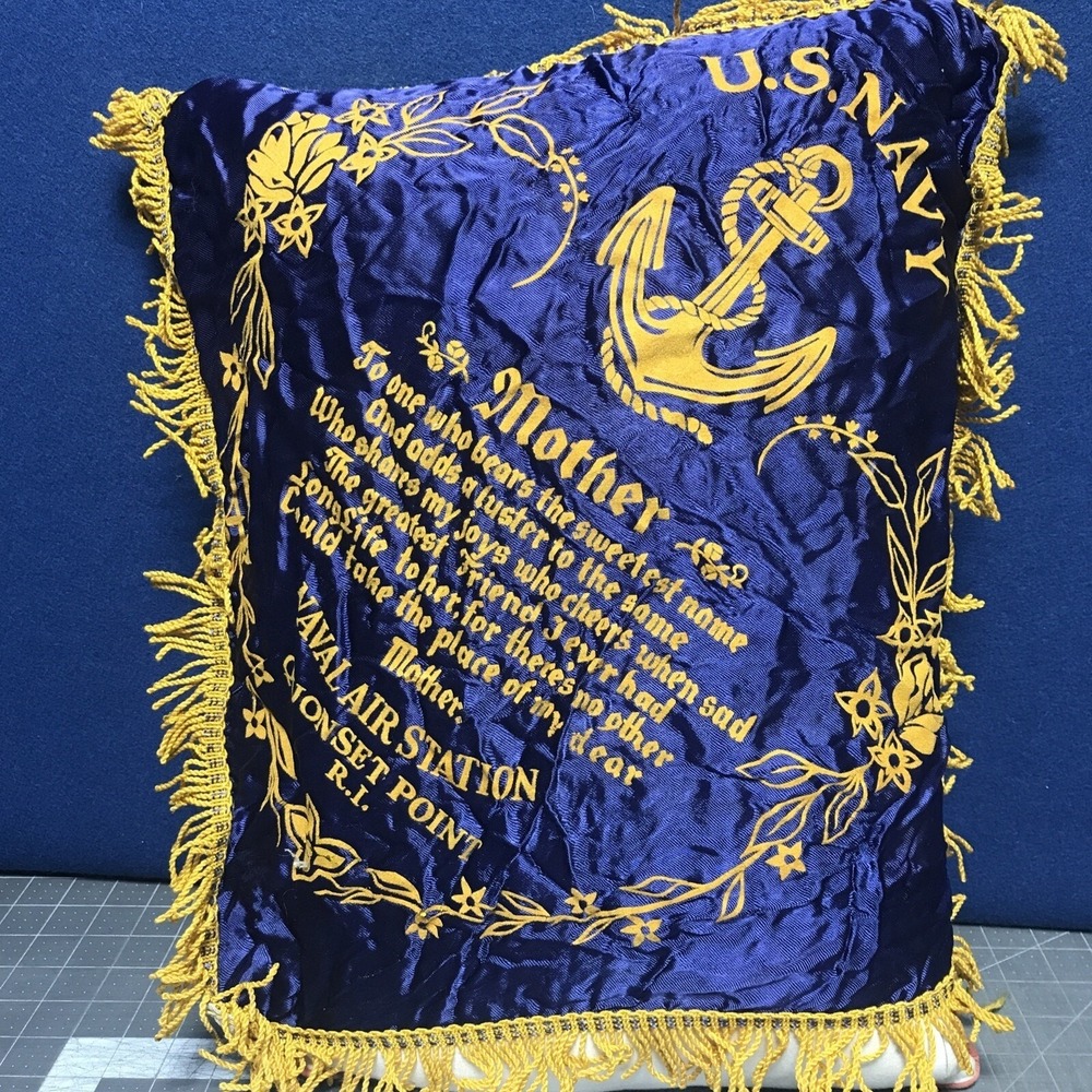 Vtg US Navy‎ Pillow Cover Case WWII Era Mother Quonset Point Gold Fringe Satin